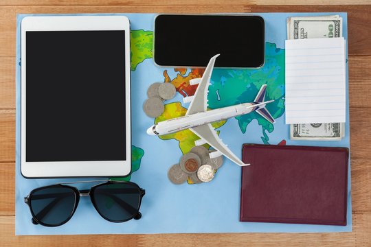 Holiday and tourism conceptual image with travel accessories