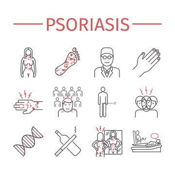 Psoriasis. Line icons set.