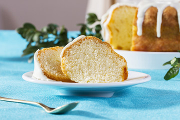 Slices of easter cake on a white ceramic plate