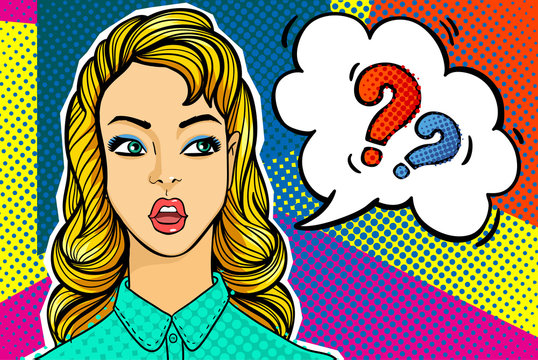 Question sing. Woman face in pop art style.