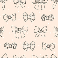 Seamless bow pattern on pink background. Hand drawn ribbons and bows vector illustration.