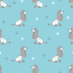 Seamless pattern with cute watercolor poodles dogs. Vector background for kids.