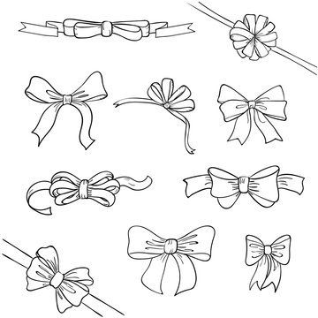 Set of sketch doodle bows. Vector illustration. 
