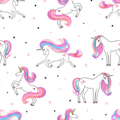 Seamless beautiful unicorns pattern. Vector magical background for kids design.