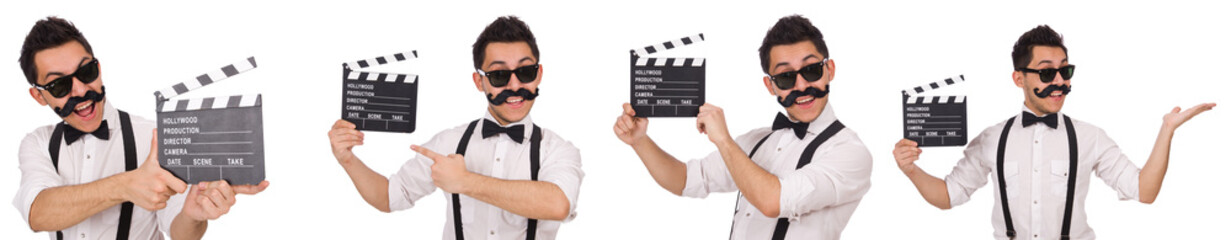 Funny with movie clapper isolated on white