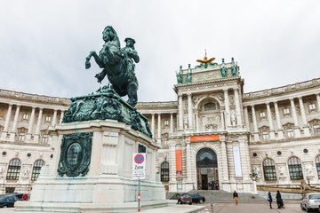 Fototapeta na wymiar Equestrian memorial of Prince Eugene of Savoy (Prinz Eugen von Savoyen) in front of Hofburg palace, Heldenplatz, Vienna, Austria.