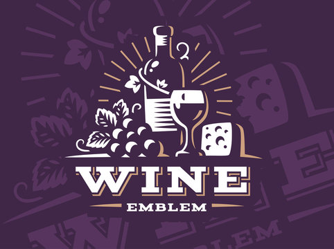 Bottle of wine and grapes logo - vector illustration, emblem design on dark background