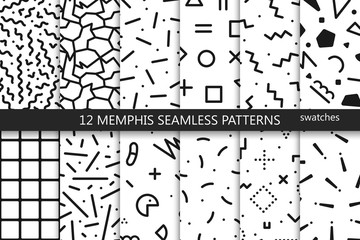 Collection of swatches memphis patterns - seamless. Fashion 80-90s.