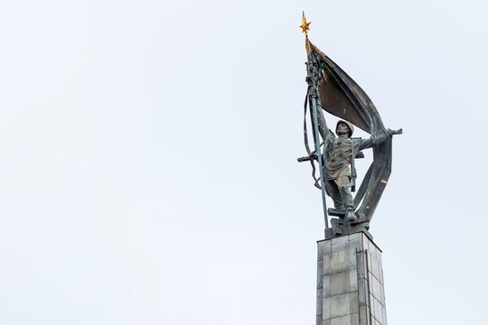 Bratislava, Slovakia - March 19, 2017: Russian soldiers relief statue in Slavin, Bratislava, Slovak republic. Memorial monument. Cultural heritage. 