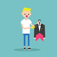 Young blonde boy shocked by a high price / flat editable vector illustration, clip art