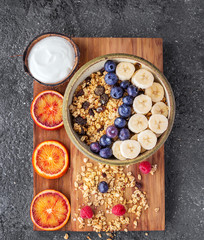 Granola berry brunch with yogurt and milk