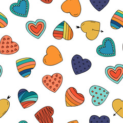 Colorful hearts - seamless hand drawn pattern.