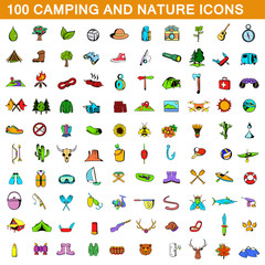  100 camping icons set, cartoon style 
