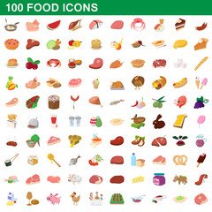 100 food icons set, cartoon style