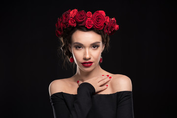woman with roses wreath on head