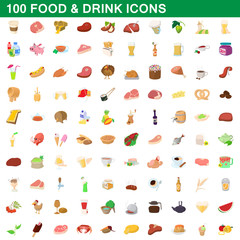 100 food and drink icons set, cartoon style