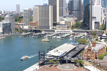  Sydney cityscape and Circular Quay, elevated view aerial from Sydney Harbour Bridge