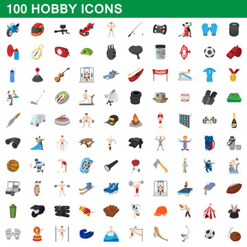 100 hobby icons set, cartoon style
