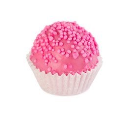Cake ball in pink glaze with pink sprinkles