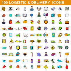 Fototapeta na wymiar 100 logistic and delivery icons set, cartoon style