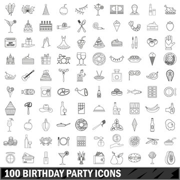 100 birthday party icons set, outline style