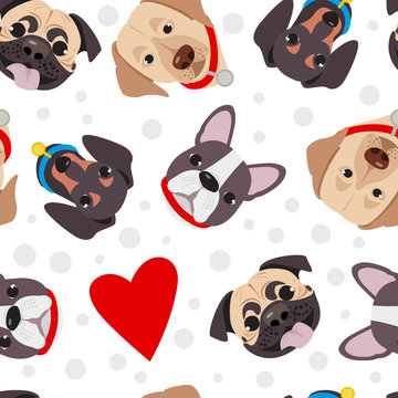Vector illustration, seamless pattern of funny head of purebred dogs. Different type head of cartoon dogs.