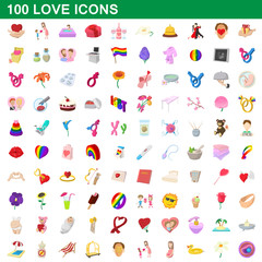 100 love icons set, cartoon style