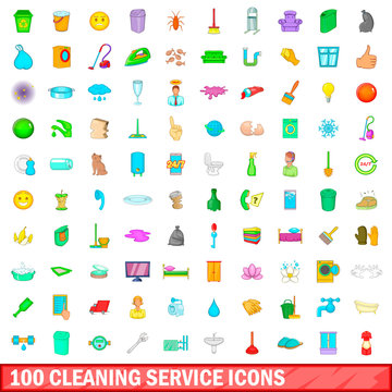100 cleaning service icons set, cartoon style