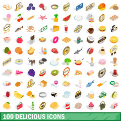 100 delicious icons set, isometric 3d style