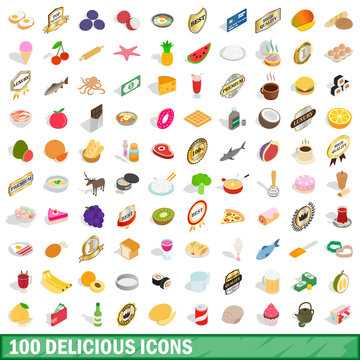 100 delicious icons set, isometric 3d style