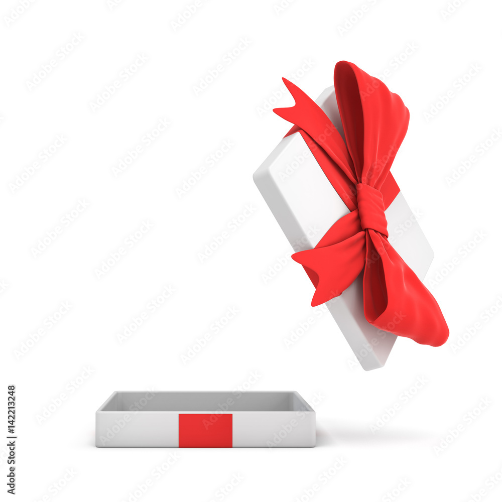 Poster 3d rendering of a white flat gift box with a red bow on white background with opened lid hanging hig