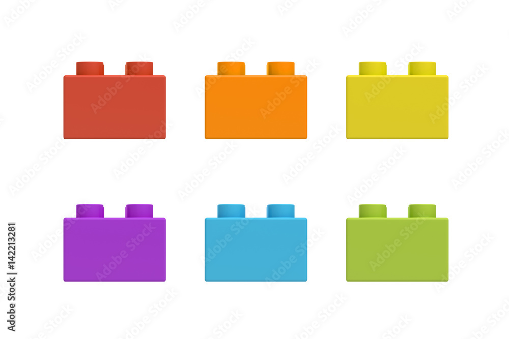 Aufkleber 3d rendering of six multicolored toy blocks isolated on white background.
