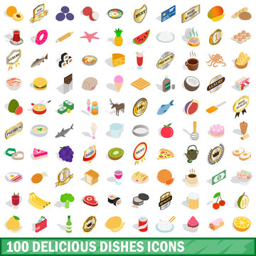 100 delicious dishes icons set, isometric 3d style