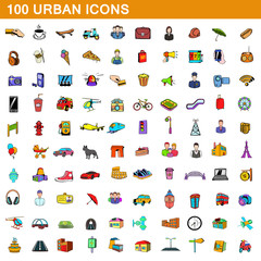 100 urban icons set, cartoon style 