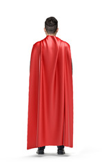 A businessman in shimmering scarlet cape turned back on white background. © gearstd