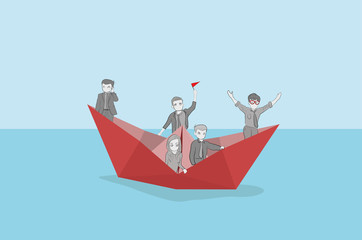 A team of businessmen on a paper ship. Hand drawn cartoon vector illustration for business design. vector illustration.