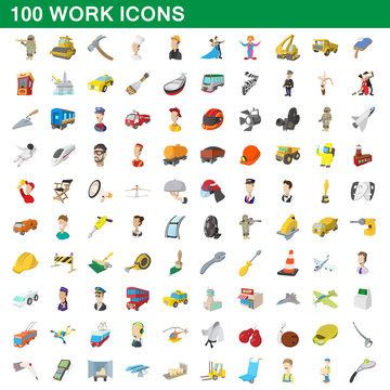 100 work icons set, cartoon style