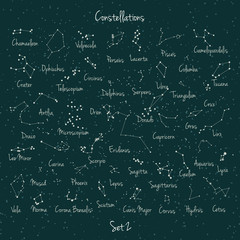 Vector big set of 45 constellations on green retro background. Astronomy education school set