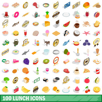 100 lunch icons set, isometric 3d style