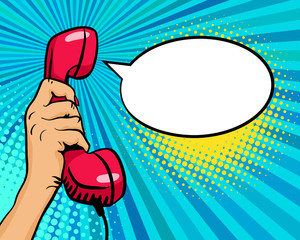 Pop art background with female hand holding old phone handset and empty speech bubble for your offer on halftone background. Vector colorful hand drawn illustration in retro comic style.