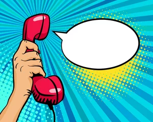 Pop art background with female hand holding old phone handset and empty speech bubble for your offer on halftone background. Vector colorful hand drawn illustration in retro comic style. © irina_levitskaya