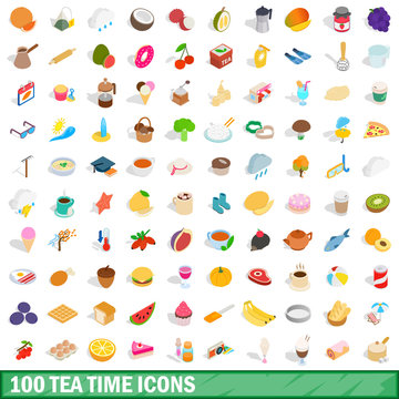 100 tea time icons set, isometric 3d style