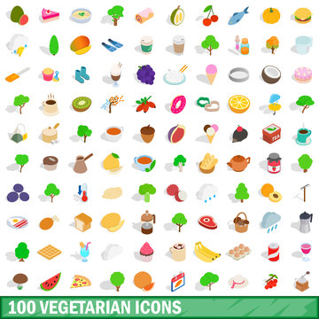 100 vegetarian icons set, isometric 3d style