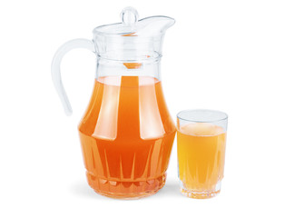 Jug and glass of orange juice isolated on white background