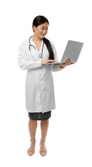 Pretty doctor working with laptop standing on white background