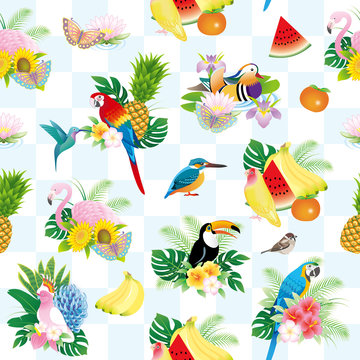 鳥と花・果物の夏イメージパターン