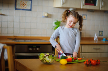 Little cook cooks salad. On a table various vegetables.