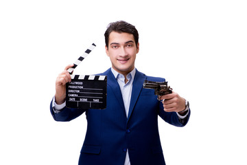 Handsome man with movie clapper isolated on white