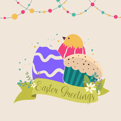 Happy Easter greetings card. Sweets, Easter eggs, the chick hatched from the egg