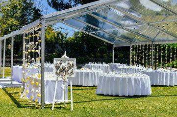 Special event decorated area and white furniture on the green grass sunny outside background